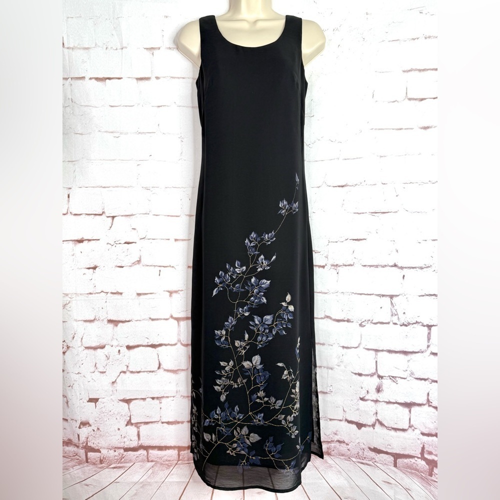 DONNA RICCO New York 2 PETITE Floral design on Black lined sheath maxi dress 2P